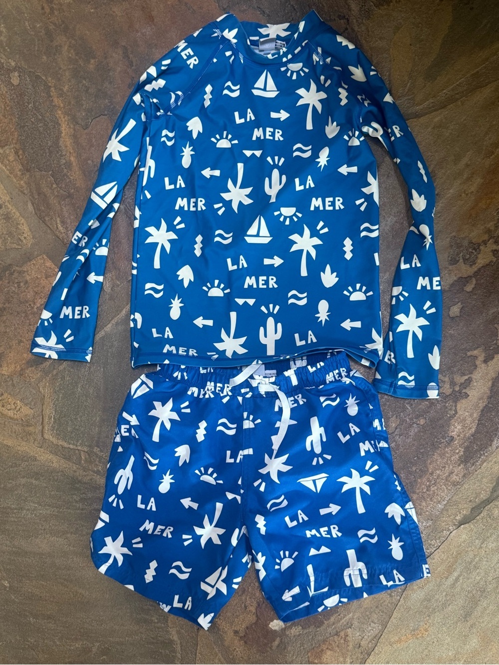 Petit Bateau Boys La Mer Rash Guard Swim Trunks Set Blue 8Y 10Y
